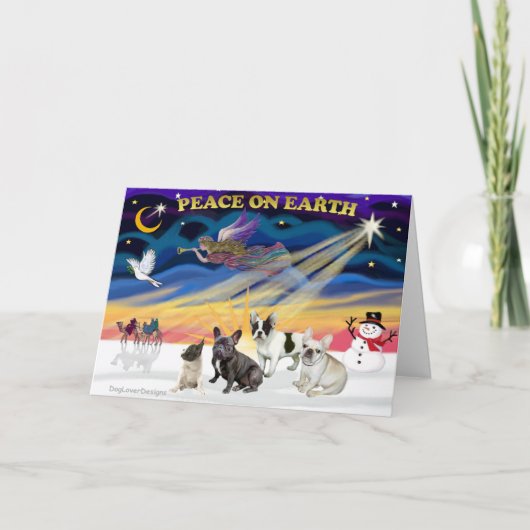 XmasSunrise-Vier FranzösischBulldogs Feiertagskarte (Vorderseite)