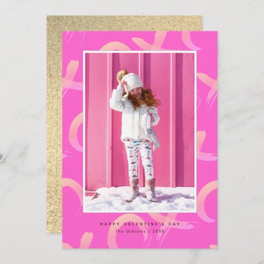 XO Pattern Neon Pink Foto Valentine's Day Card Einladung (Vorne/Hinten)
