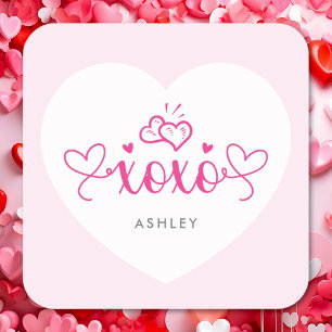 XOXO Elegante Schrift Rosa Herzen Valentinstag Quadratischer Aufkleber