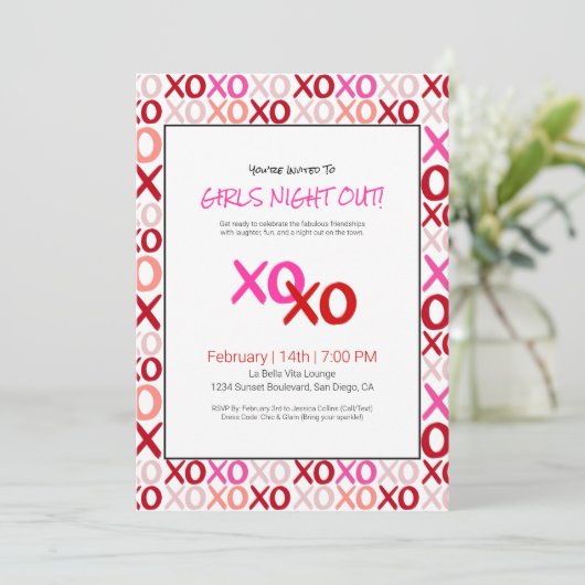 XOXO Girls Night Out Niedlich Galentine Day Party Einladung (Stehend Vorderseite)