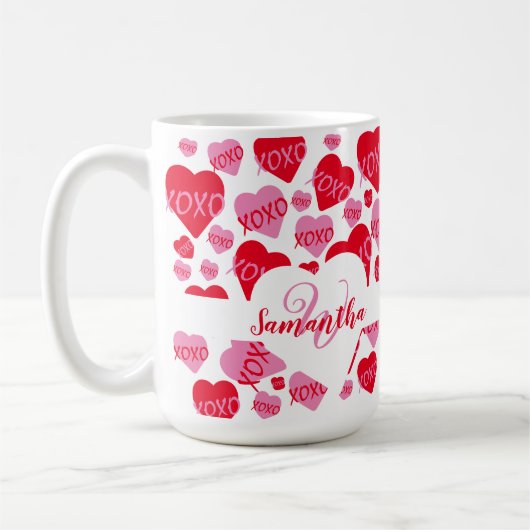 XOXO Herz rosa rotes Muster Monogramm Weiß Kaffeetasse (Links)