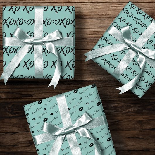 XOXO Hugs & Kisses Pinselschrift Schwarz & Mint Geschenkpapier Set