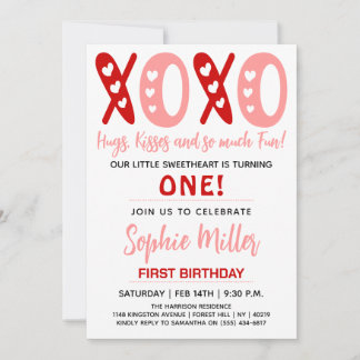 XOXO Hugs & Kisses Valentine's Day 1st Birthday Einladung