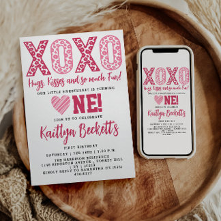 XOXO Hugs & Kisses Valentinstag 1. Geburtstag Einladung