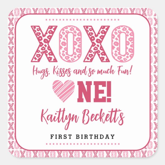 XOXO Hugs & Kisses Valentinstag 1. Geburtstag Quadratischer Aufkleber (Vorderseite)