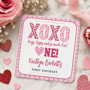 XOXO Hugs & Kisses Valentinstag 1. Geburtstag Quadratischer Aufkleber