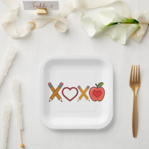 XOXO Lehrer Valentinstag Bleistift und Apfel Pappteller
