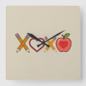 XOXO Lehrerin Valentinstag Stift und Apfel Quadratische Wanduhr (Vorderseite)