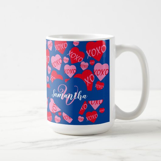 XOXO Monogramm Herz rosa rotes Muster Blau Kaffeetasse (Rechts)