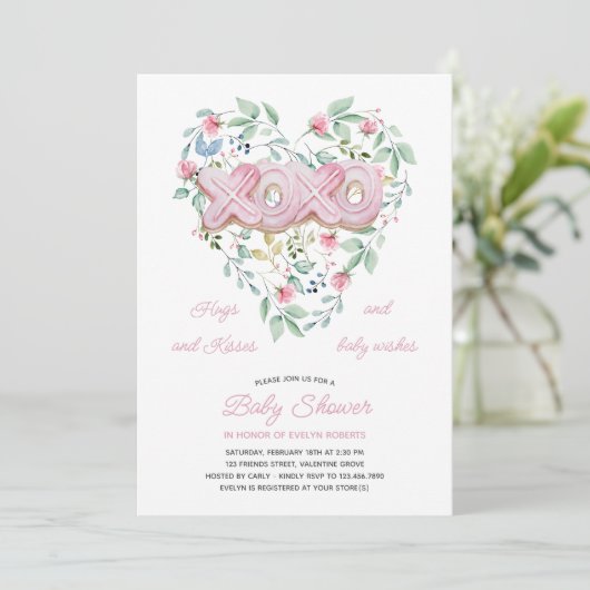 XOXO Pink Cookies Delicate Floral Baby Shower Einladung (Stehend Vorderseite)