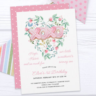 XOXO Rosa Cookie Zarte Florale Mädchen 1. Geburtst Einladung