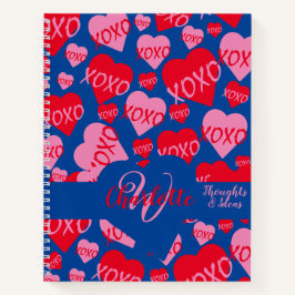 XOXO Rosa rotes Herzmuster Monogramm Liebe Blau Notizblock