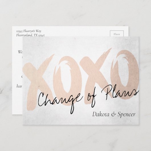 XOXO Rose Gold | Pinselstrich Hochzeit verschoben Postkarte (Vorne/Hinten)