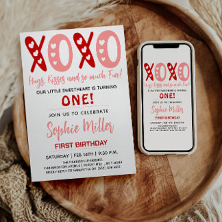 XOXO Umarmungen & Küsse Valentinstag 1. Geburtstag Einladung