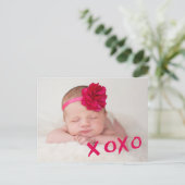 XOXO Valentins Baby Girl Custom Foto Geburtsstat Ankündigungspostkarte (Stehend Vorderseite)
