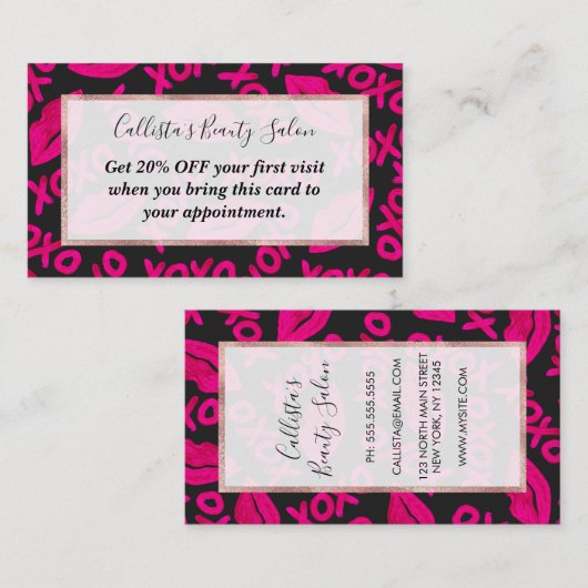 XOXO Zitat Schwarze Nebel Pink Lips Lipstick Muste Rabattkarte (Vorne/Hinten)