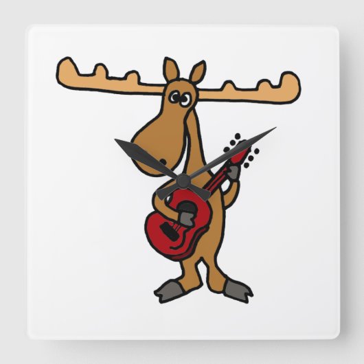 XX. Funny Moose Playing Guitar Cartoon Quadratische Wanduhr (Vorderseite)