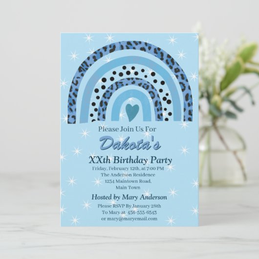XX. Leopard Print Boho Rainbow Birthday Party Einladung (Stehend Vorderseite)
