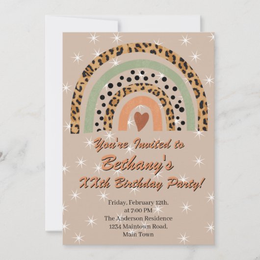 XX. Leopard Print Boho Rainbow Birthday Party Einladung (Vorderseite)