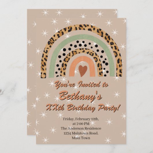 XX. Leopard Print Boho Rainbow Birthday Party Einladung (Vorne/Hinten)