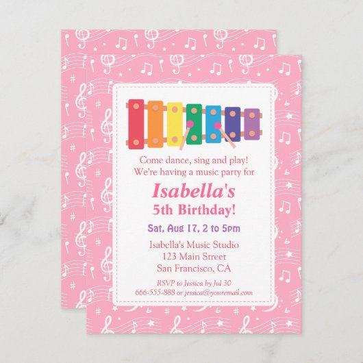 Xylophone Musik Geburtstagsparty Einladung (Vorne/Hinten)