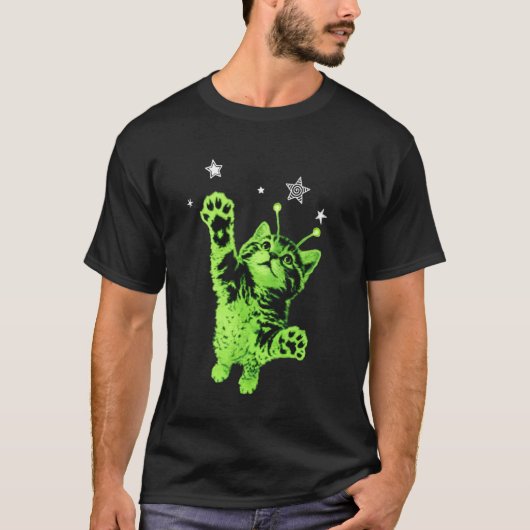 Y2K Alien-Katze springt Sterne T-Shirt (Vorderseite)
