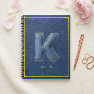 Y2K Blue Denim 3D Puff Buchstabe K Monogramm Name Notizblock