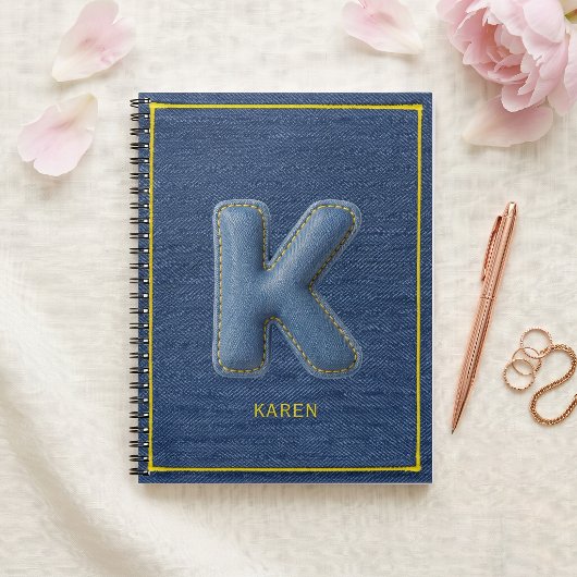 Y2K Blue Denim 3D Puff Buchstabe K Monogramm Name Notizblock