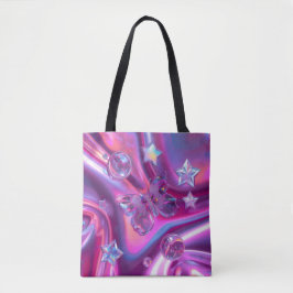 Y2K Chrome Butterfly Tote Bag | Holographic Pink Tasche