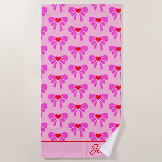 y2k Coquette Ribbon Muster Red & Pink Preppy Name Strandtuch (Vorderseite)