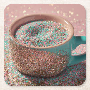 Y2K Glänzender Pastellrosa und Türkis Glitterbeche Rechteckiger Pappuntersetzer