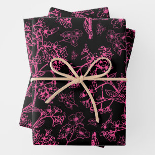 Y2K Hot Pink und Black Vintag Modern Botanisch Geschenkpapier Set