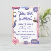 Y2K Pink Lila 2000er Retro Tech Geek Liebe Hochzei Einladung (Stehend Vorderseite)