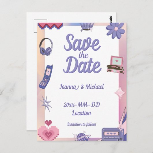 Y2K Pink Lila 2000er Retro Tech Save the Date Postkarte (Vorne/Hinten)