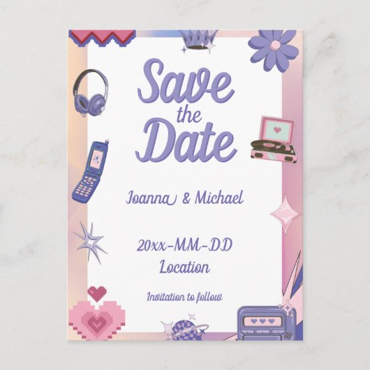 Y2K Pink Lila 2000er Retro Tech Save the Date Postkarte (Vorderseite)