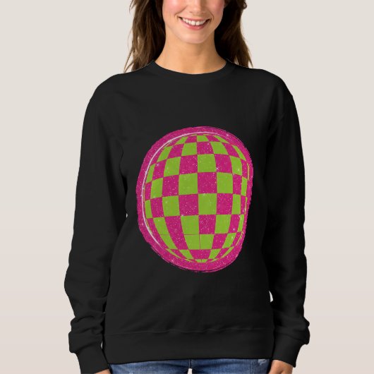 Y2K Retro-Sparkle-Distressed-Checker-Globus Sweatshirt (Vorderseite)