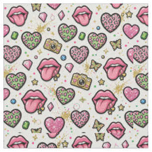 Y2K-Stoff mit rosa Herzen und Lippenmuster Collage Stoff