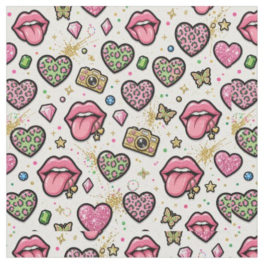 Y2K-Stoff mit rosa Herzen und Lippenmuster Collage Stoff (Nahaufnahme)