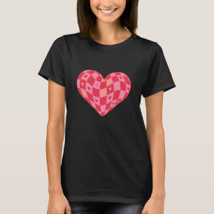 Y2K-Trendy Pink-Schachbrett-Herz-Smiley-Gesicht T-Shirt