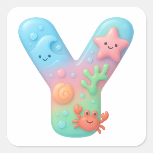 "Y" Cute Letter - Underwater Sea Creature Quadratischer Aufkleber (Vorderseite)