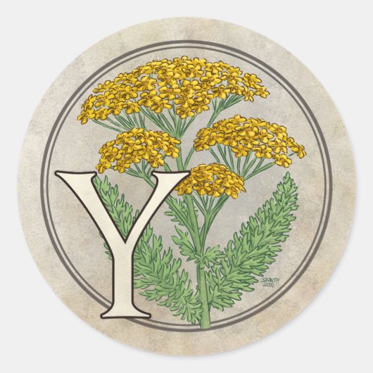 Y für das Monogramm der Yarrow-Blume Runder Aufkleber (Vorderseite)