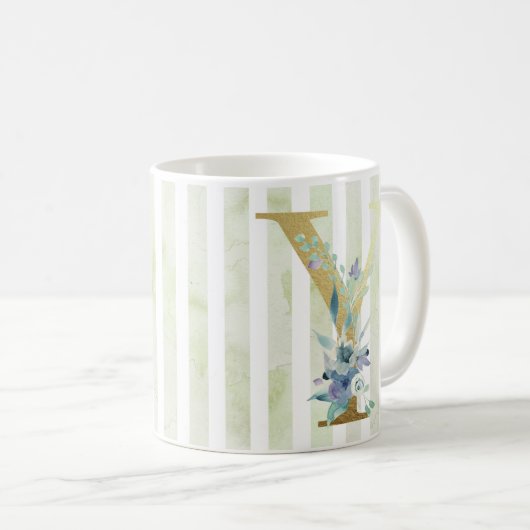 Y, goldfarbener Initial auf blau-weiß Streifen Kaffeetasse (VorderseiteRechts)