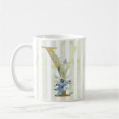Y, goldfarbener Initial auf blau-weiß Streifen Kaffeetasse (Links)