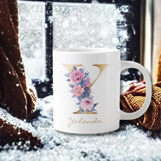 Y Letter Gold Monogram Pink Blue Floral Jumbo-Tasse