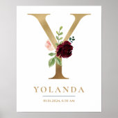 Y Letter Monogram Name Marsala Floral Kinderzimmer Poster (Vorne)