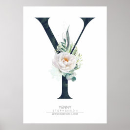 Y Letter Monogram Weiße Blume und Grüne Poster