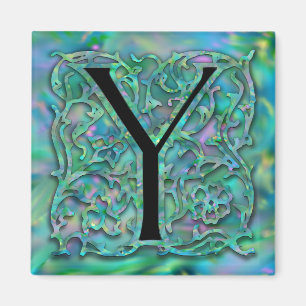 Y-Monogramm-"Grün-Garten Besque" quadratischer Magnet