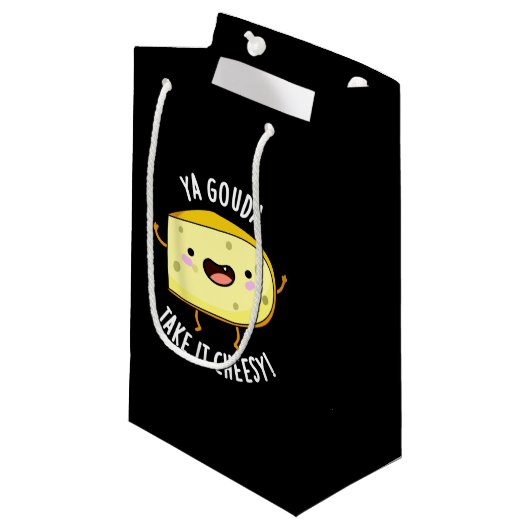 Ya Gouda nehmen es Cheesy Funny Cheese Pun Dark BG Kleine Geschenktüte (Vorderseite Schrägansicht)