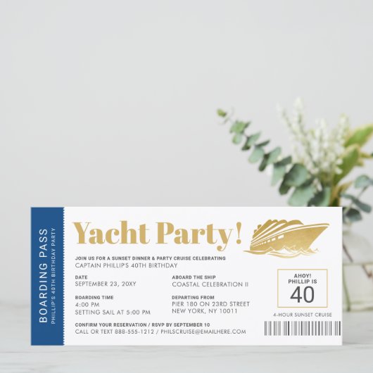 Yacht Boat Cruise Birthday Ticket Einladung (Stehend Vorderseite)