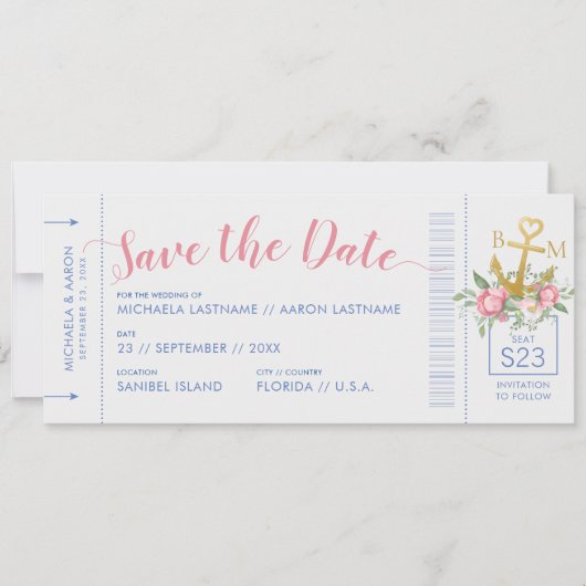 Yacht Club Hochzeitsticket Save the Date (Vorderseite)